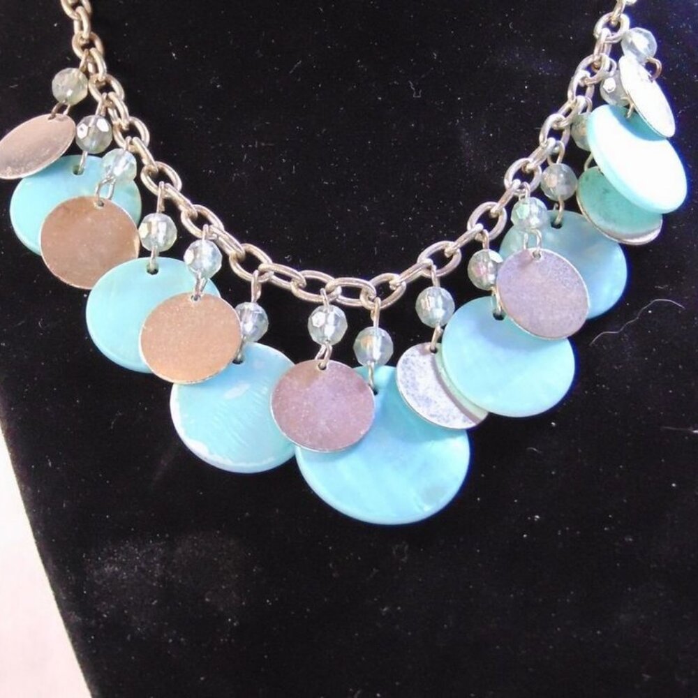 Blue Silver Disk Necklace Lia Sophia Adjustable 16-20 Inch Statement Chain
